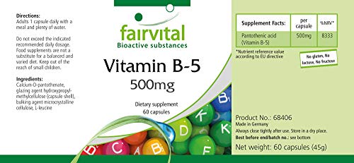 Vitamina B5 500mg - Ácido Pantoténico - Suplemento VEGANO - Dosis elevada - 60 Cápsulas - Calidad Alemana