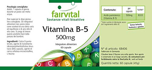 Vitamina B5 500mg - Ácido Pantoténico - Suplemento VEGANO - Dosis elevada - 60 Cápsulas - Calidad Alemana