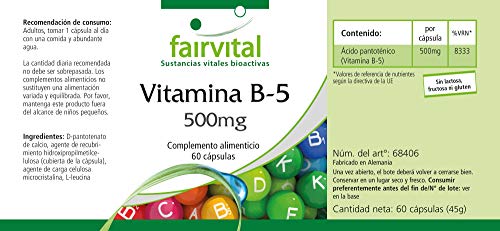 Vitamina B5 500mg - Ácido Pantoténico - Suplemento VEGANO - Dosis elevada - 60 Cápsulas - Calidad Alemana