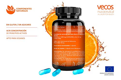 Vitamina C 1000 Mg con zinc para reforzar el sistema inmunológico – Antioxidante natural para proteger nuestro organismo contra los radicales libres – cápsulas vegetales espirulina aptas veganos (30)