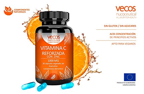 Vitamina C 1000 Mg con zinc para reforzar el sistema inmunológico – Antioxidante natural para proteger nuestro organismo contra los radicales libres – cápsulas vegetales espirulina aptas veganos (30)