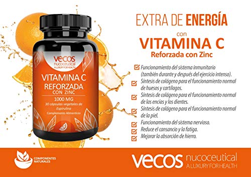 Vitamina C 1000 Mg con zinc para reforzar el sistema inmunológico – Antioxidante natural para proteger nuestro organismo contra los radicales libres – cápsulas vegetales espirulina aptas veganos (30)