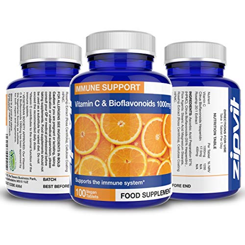 Vitamina C de 1000mg con Bioflavonoides y Extracto de Rosa Mosqueta, 100 Tabletas Veganas. Apoya el sistema inmune. Contribuye a reducir el cansancio y la fatiga