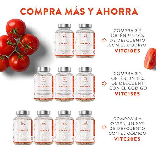 Vitamina C Pura Altamente Concentrada - Más de 1000 mg por Dosis Diaria [1027 mg] - 180 Cápsulas - Con Flavonoides de Fruta Cítrica, Camu Camu y Acerola - Complemento Alimenticio 100% Vegano