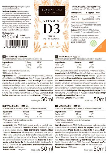 Vitamina D3 1000 UI por gota, dosis alta probadas en laboratorio – Larga duración 1700 gotas (50 ml) - En aceite MCT de coco, líquido de colecalciferol, fabricado en Alemania sin aditivos