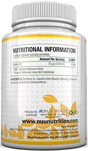 Vitamina D3 3000 UI | 365 Cápsulas Blandas (Suministro Para Todo el Año) | Suplemento de Vitamina D3 Tres Veces Más Concentrado, Colecalciferol de Alta Absorción | Libre de Gluten Y Lácteos