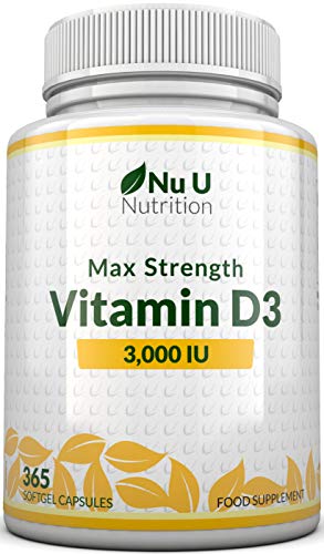 Vitamina D3 3000 UI | 365 Cápsulas Blandas (Suministro Para Todo el Año) | Suplemento de Vitamina D3 Tres Veces Más Concentrado, Colecalciferol de Alta Absorción | Libre de Gluten Y Lácteos