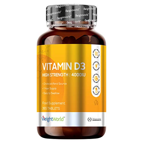 Vitamina D3 4000 UI Dosis Alta - 365 Días de Suministro, Estimula el Sistema Inmunológico, Incrementa la absorción de Calcio, Mejora la Salud de la Piel, Huesos y Articulaciones, 365 Comprimidos