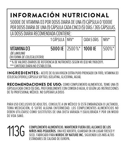 Vitamina D3 [5000 UI] Pura Altamente Concentrada - Vit D3 con Aceite de Oliva Extra Virgen para una Absorción Óptima - Favorece la Función Ósea e Inmunológica - Complemento Alimenticio de 365 Cápsulas