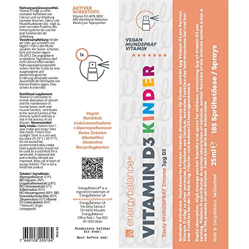 Vitamina D3 Spray para niños - Tasty Lemon - 3µg - Vegan - Sin alcohol - Sin gluten - 185 sprays - EnergyBalance