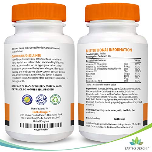 Vitaminas Complejo B - Vit B1 B2 B3 B5 B6 B12 - Con Biotina y Ácido Fólico - Para Hombres y Mujeres - Apto Vegetarianos - 180 Pastillas (Suministro Para 6 Meses) de Earths Design