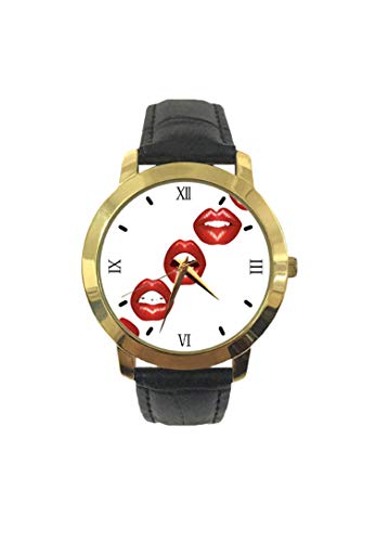 Vivid Full Red Lips Smiling Kissing Sexy Lipstick Mouth Mimicry Femimine Cosmetics Fashion Reloj de Pulsera de Cuarzo con Correa de Cuero para Ocio