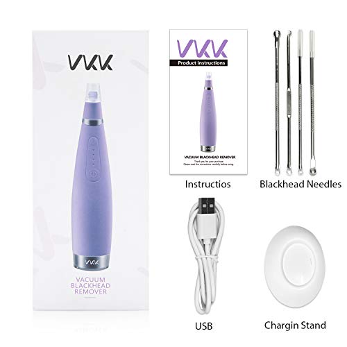 VKK Limpiador de poros, succion al vacio de puntos negros, 3 cabezales, extractor de espinillas, acne sebo y demás impurezas, Inalámbrico, Recargable (Púrpura)