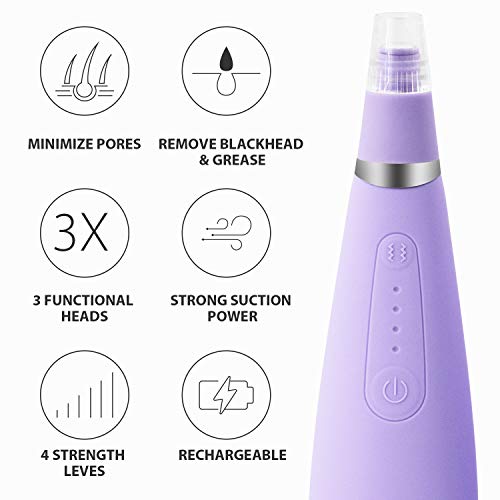 VKK Limpiador de poros, succion al vacio de puntos negros, 3 cabezales, extractor de espinillas, acne sebo y demás impurezas, Inalámbrico, Recargable (Púrpura)