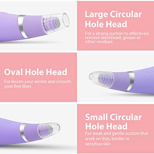 VKK Limpiador de poros, succion al vacio de puntos negros, 3 cabezales, extractor de espinillas, acne sebo y demás impurezas, Inalámbrico, Recargable (Púrpura)