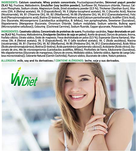 VNDiet - Batido Sustitutivo de Comida para Dieta | Batido para Adelgazar con Proteínas, Reemplazo Comida, Muy Saciante, Bebida Dietética para Adelgazar Rápido, 490gr, Sabor Fresa