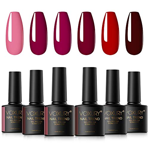 VOXURY Esmalte de Uñas Semipermanente Uñas de Gel UV LED Kit Roja Burdeos de Manicura 6pcs 10ml con Caja de regalo