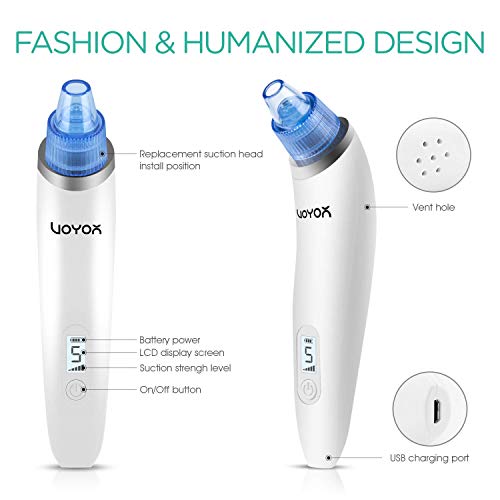 VOYOR Limpiador de Poros 6-en-1 Succionador de Puntos Negros Limpiador Facial Electrónico 6 Cabezales Extractor Puntos Negros Quita Espinillas y Puntos Negros y Acné con LCD BR510