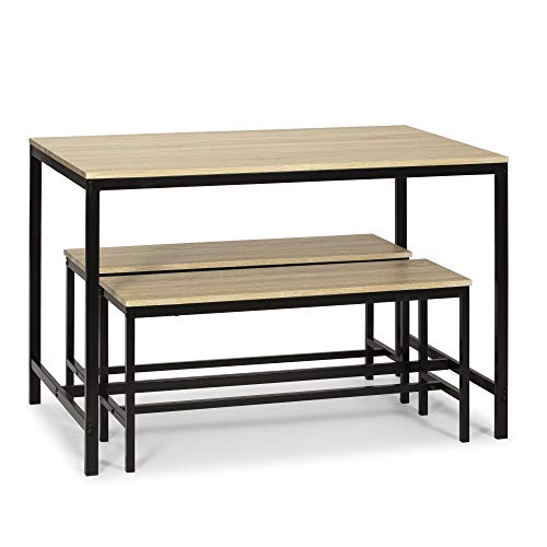 VS Venta-stock Conjunto Mesa y 2 Bancos Lisboa para Comedor o Cocina, Mesa 110 cm x 70 cm x 75 cm, Estructura metálica