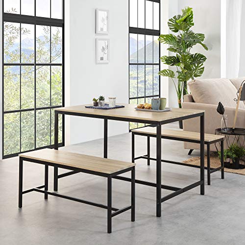 VS Venta-stock Conjunto Mesa y 2 Bancos Lisboa para Comedor o Cocina, Mesa 110 cm x 70 cm x 75 cm, Estructura metálica