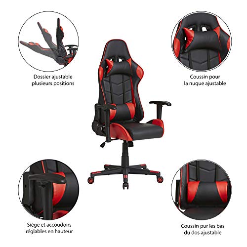 VS Venta-stock Sillón de Oficina Gaming Racer Profesional Rojo, Silla con Reposacabeza Apoyo y Cojín Lumbar (Piel sintética, inclinación y Altura Regulable, reposabrazos Ajustables, reclinable 180º)