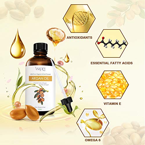 Vsadey Aceite de Argán 120ml, Argan Oil 100% Pura Natural de Marrueco, Prensado en Frio, Rico en Vitamina E, Humectante Aligera Estrías y Cicatriz Piel y Cabello