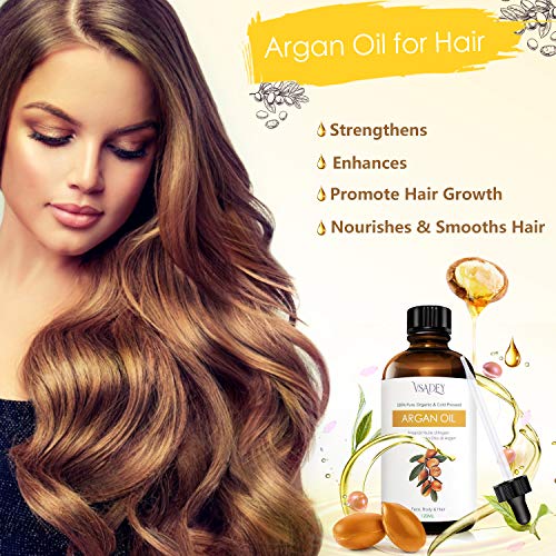 Vsadey Aceite de Argán 120ml, Argan Oil 100% Pura Natural de Marrueco, Prensado en Frio, Rico en Vitamina E, Humectante Aligera Estrías y Cicatriz Piel y Cabello