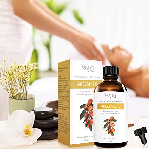 Vsadey Aceite de Argán 120ml, Argan Oil 100% Pura Natural de Marrueco, Prensado en Frio, Rico en Vitamina E, Humectante Aligera Estrías y Cicatriz Piel y Cabello