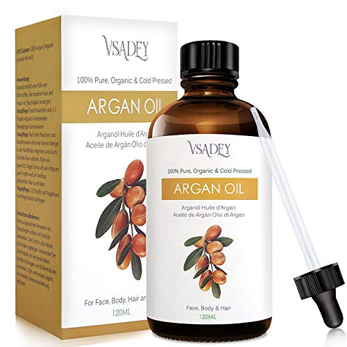 Vsadey Aceite de Argán 120ml, Argan Oil 100% Pura Natural de Marrueco, Prensado en Frio, Rico en Vitamina E, Humectante Aligera Estrías y Cicatriz Piel y Cabello
