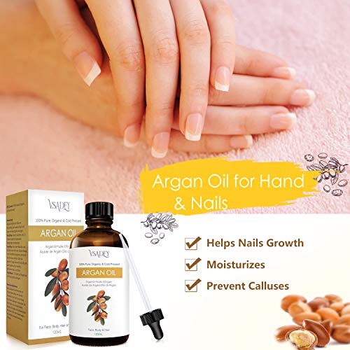 Vsadey Aceite de Argán 120ml, Argan Oil 100% Pura Natural de Marrueco, Prensado en Frio, Rico en Vitamina E, Humectante Aligera Estrías y Cicatriz Piel y Cabello