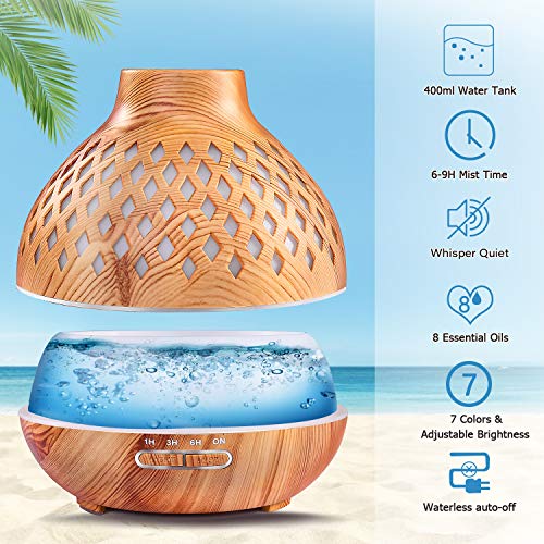 Vsadey Difusor de Aceite Esencial 400ml con 8 Top Aceites Esenciales, Difusor de Aromaterapia con Humidificador Ultrasónico con 7 Colores de Luces LED, Apagado Automático, para el Hogar, Yoga, SPA