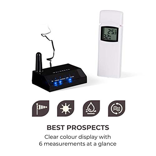 Waldbeck Halley - Estación metereológica Profesional, Medidas 6 en 1: Temperatura, presión atmosférica, precipitación, Viento, radiación UV y luz, De -40 a + 60 °C, Interior/Exterior, WiFi, App