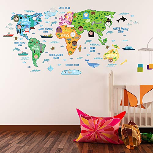 WALPLUS - Mapa del Mundo Educativo de guardería, Texto Puede no Estar en español, Extraíble y Autoadhesivo, Multicolor, 180 x 106 cm