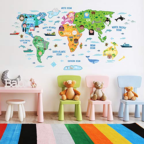 WALPLUS - Mapa del Mundo Educativo de guardería, Texto Puede no Estar en español, Extraíble y Autoadhesivo, Multicolor, 180 x 106 cm