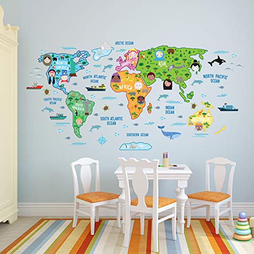 WALPLUS - Mapa del Mundo Educativo de guardería, Texto Puede no Estar en español, Extraíble y Autoadhesivo, Multicolor, 180 x 106 cm