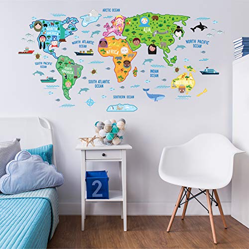 WALPLUS - Mapa del Mundo Educativo de guardería, Texto Puede no Estar en español, Extraíble y Autoadhesivo, Multicolor, 180 x 106 cm