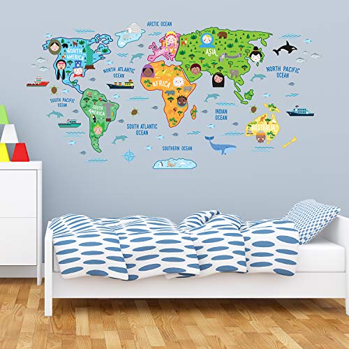 WALPLUS - Mapa del Mundo Educativo de guardería, Texto Puede no Estar en español, Extraíble y Autoadhesivo, Multicolor, 180 x 106 cm