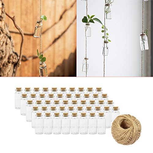 Wandefol 48pcs Botella de Vídrio con Tapón de Corcho, Botella de Mensaje, Botellas Cristales Pequeñas 10ml para Manualidad Decoración con Cordel Transparente a Prueba de Golpe Madera Yute Vídrio