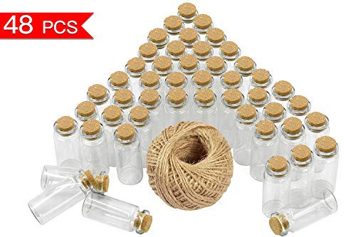 Wandefol 48pcs Botella de Vídrio con Tapón de Corcho, Botella de Mensaje, Botellas Cristales Pequeñas 10ml para Manualidad Decoración con Cordel Transparente a Prueba de Golpe Madera Yute Vídrio