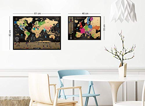 Wanderlust Mapa Mundi Rascar y Mapa Rascable Europa, Color Negro y Dorado, 61 x 43 Centímetros, Hechos en Europa