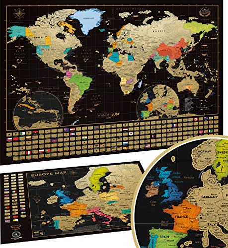 Wanderlust Mapa Mundi Rascar y Mapa Rascable Europa, Color Negro y Dorado, 61 x 43 Centímetros, Hechos en Europa