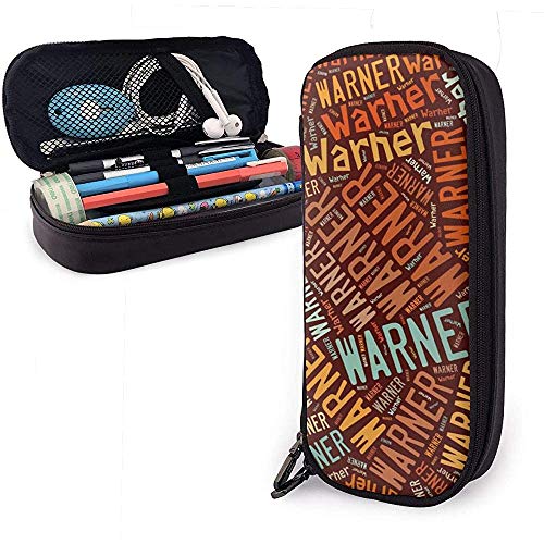 Warner - Estuche de lápices de cuero de gran capacidad de apellido americano, lápiz, lápiz, papelería, organizador, marcador escolar, bolsa de cosméticos portátil