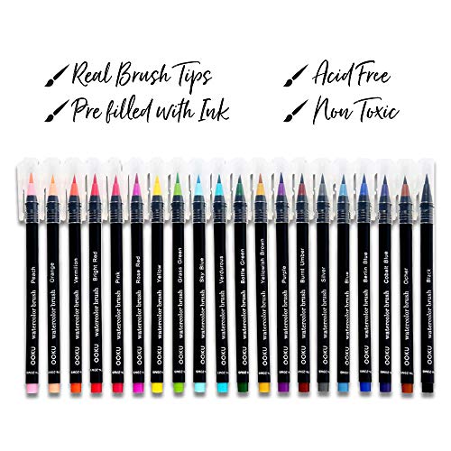 Watercolor Brush Pens - 20 Pre-Filled Water Color Brush Markers with Real Brush Tips for Water Coloring - BONUS Cloth Canvas Wrap, Water Brush Pen - Odor & Oil Free - 22 Piece Set
