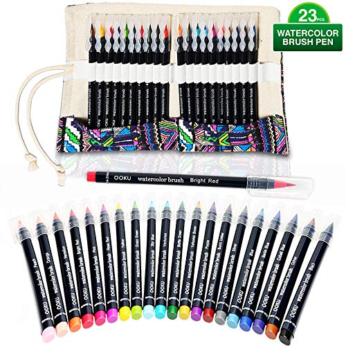 Watercolor Brush Pens - 20 Pre-Filled Water Color Brush Markers with Real Brush Tips for Water Coloring - BONUS Cloth Canvas Wrap, Water Brush Pen - Odor & Oil Free - 22 Piece Set