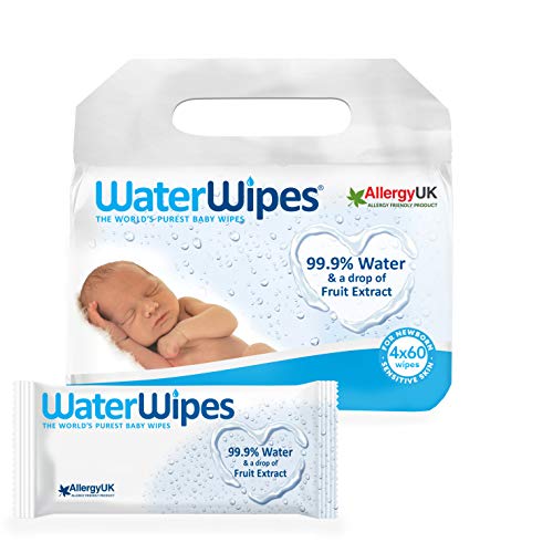 WaterWipes Toallitas para Pieles Sensible de Bebé, 99.9% agua purificada, 4 paquetes x 60 toallitas (240 toallitas)