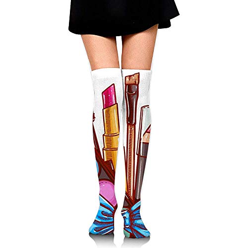 Web--ster-socks Calcetines de tubo hasta la rodilla para niñas, lindo manojo de productos cosméticos para mujer Impresiones sobre muslo Medias largas y largas