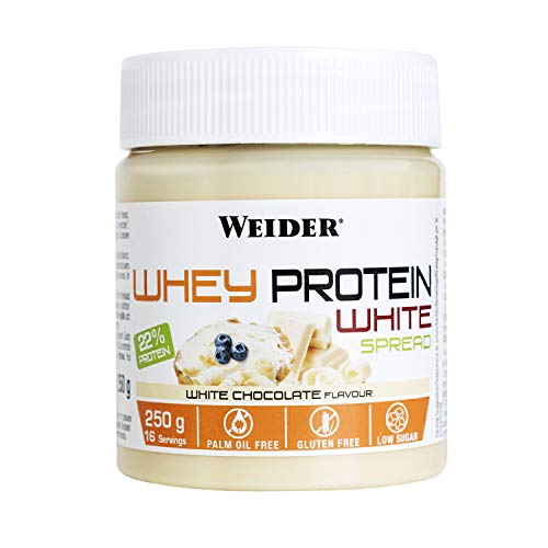 Weider Whey Protein White Spread 250 g. Crema de chocolate Blanco con 22% de proteínas Baja en azúcares Sin aceite de palma y sin gluten.