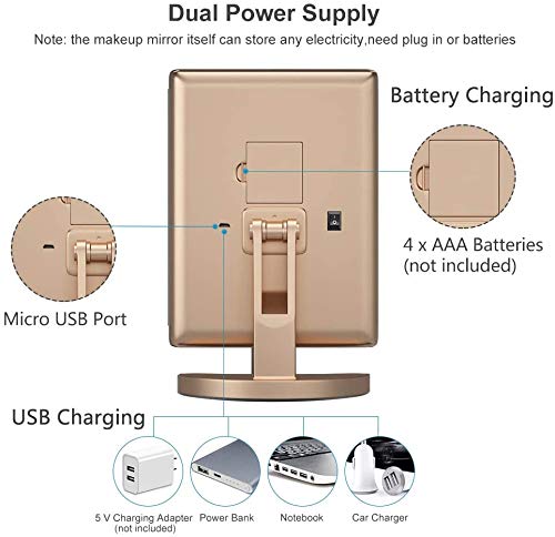 WEILY Espejo de Maquillaje, 21 LED y Aumento 2X/ 3X, Interruptor táctil para Ajustar el Brillo, Modo de Fuente de alimentación Dual Espejo cosmético de Mesa (Oro)