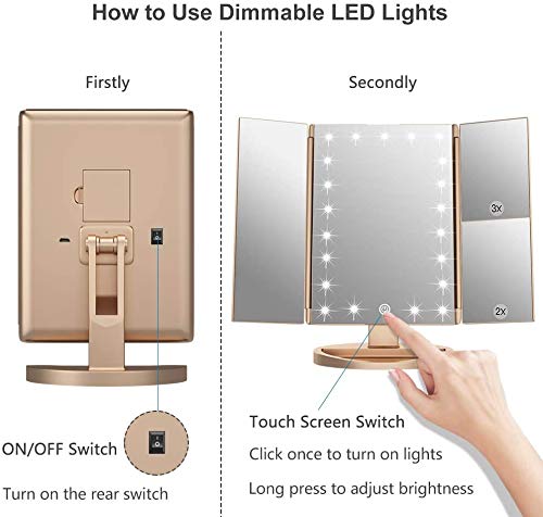 WEILY Espejo de Maquillaje, 21 LED y Aumento 2X/ 3X, Interruptor táctil para Ajustar el Brillo, Modo de Fuente de alimentación Dual Espejo cosmético de Mesa (Oro)