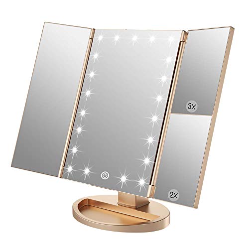 WEILY Espejo de Maquillaje, 21 LED y Aumento 2X/ 3X, Interruptor táctil para Ajustar el Brillo, Modo de Fuente de alimentación Dual Espejo cosmético de Mesa (Oro)